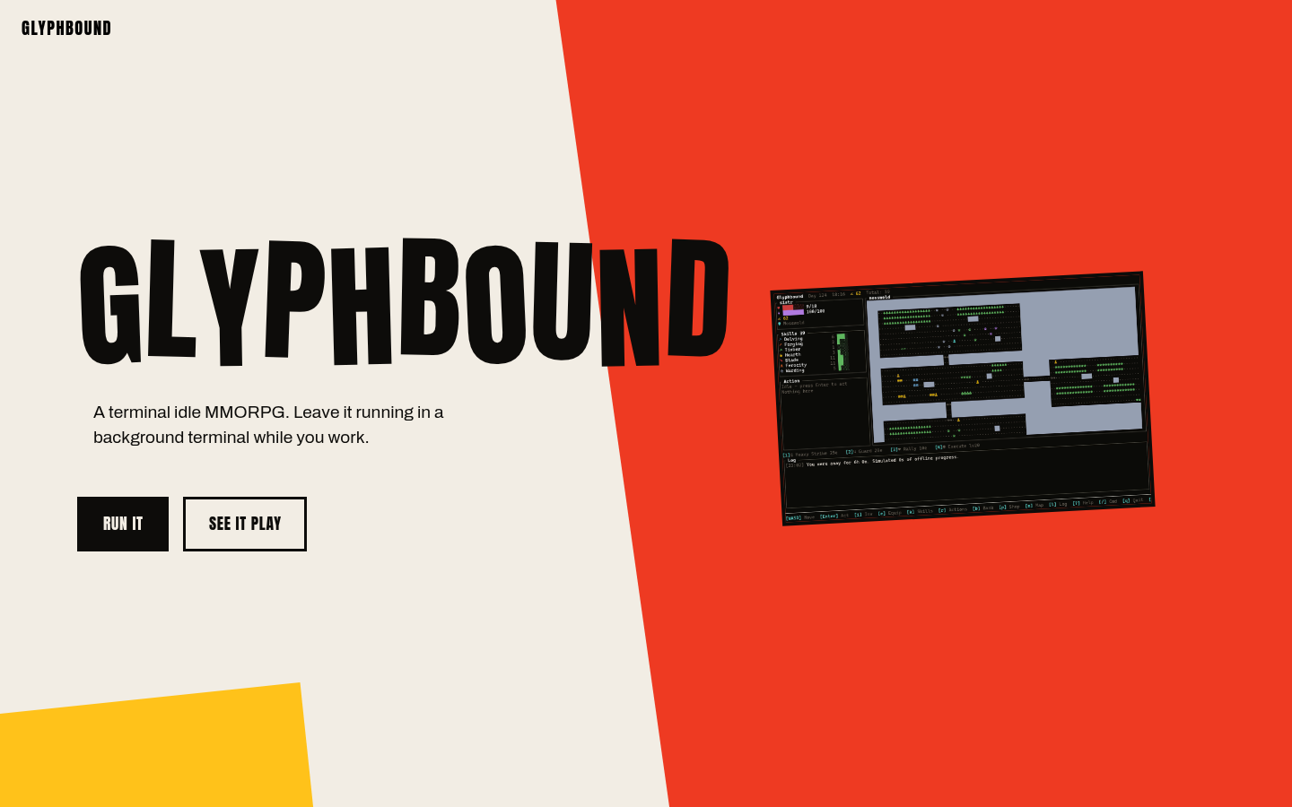Glyphbound site, with the title over a red cut and a terminal capture of the game