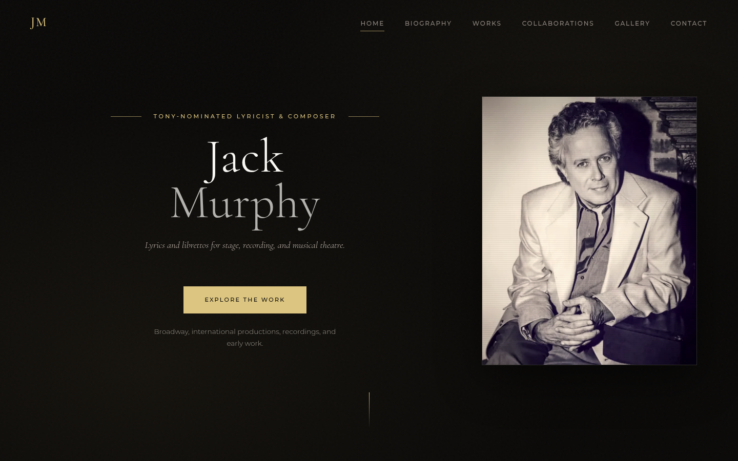 Jack Murphy Inc home page, with a portrait beside the title and navigation for biography, works, collaborations, gallery and contact