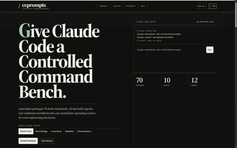 CCPrompts site, showing the install command and command bench headline