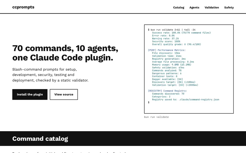 CCPrompts site, showing the 70 commands headline, a real validator run and the command catalog