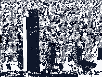 Albany skyline at golden hour: the Corning Tower, the Empire State Plaza towers and the Egg