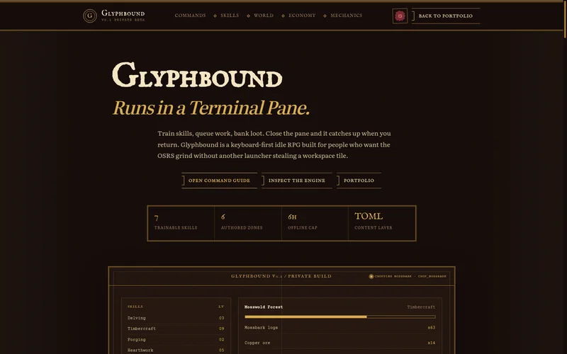 Glyphbound site, showing its title page and campaign ledger