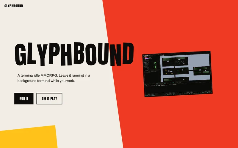 Glyphbound site, showing its title over a red cut with a terminal capture of the game